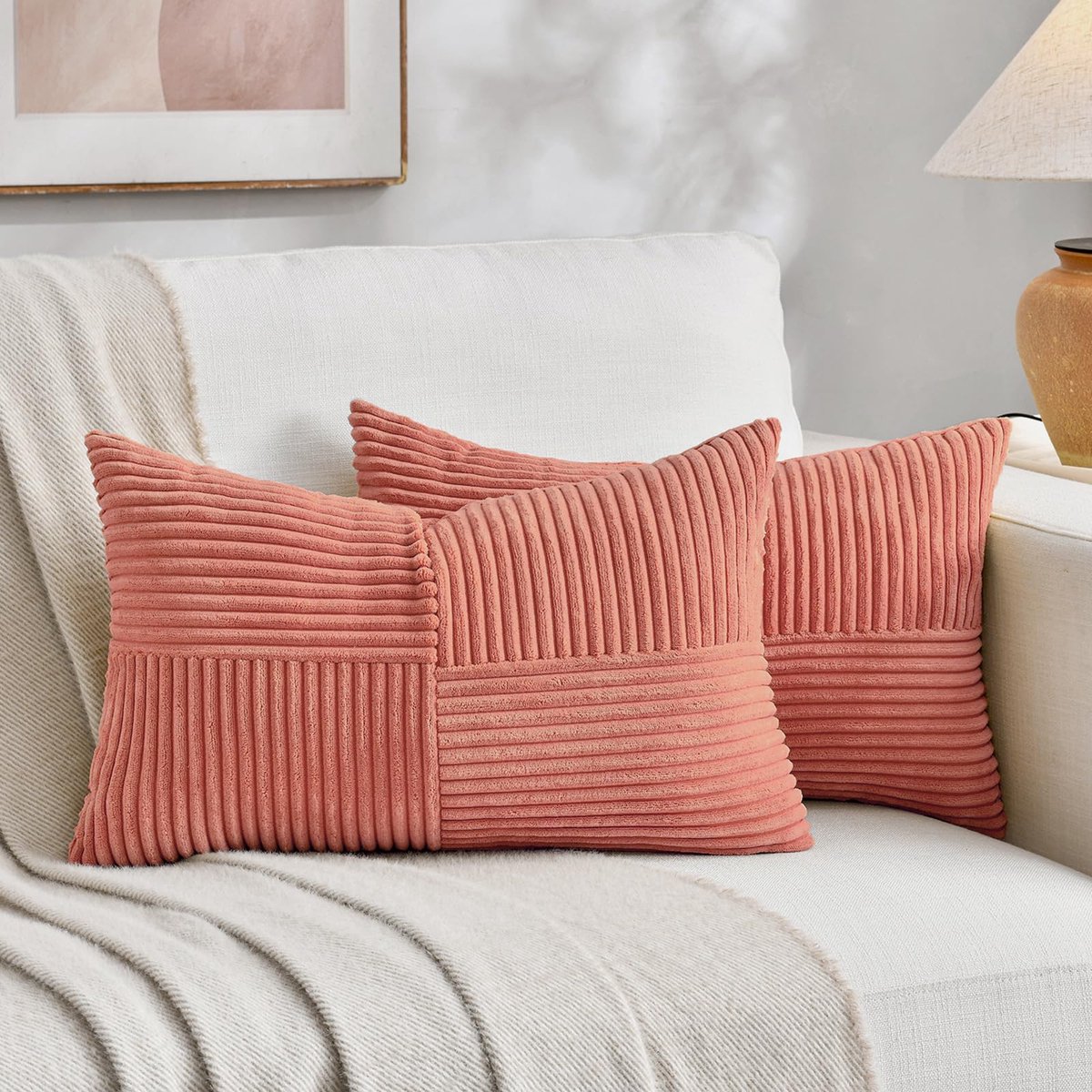 Set van 2 boho-kussenslopen voor bank, 50 x 70 cm, corduroy, modern, zacht, kruispatroon, decoratieve kussenslopen voor bank, slaapkamer, koraalrood