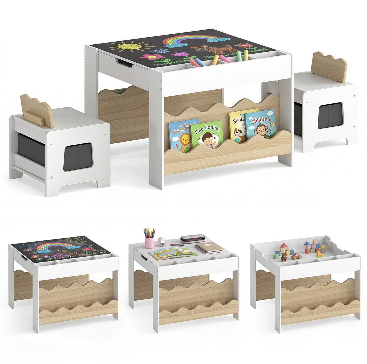 COSTWAY Kindertafel met 2 Stoelen, 3-delige Kinderset met Opbergruimte | 4-in-1 Kindertekentafel met Omkeerbaar Tafelblad, Boekenplank & Stoffen Lades, Knutseltafel voor Kinderen vanaf 3 Jaar, Naturel