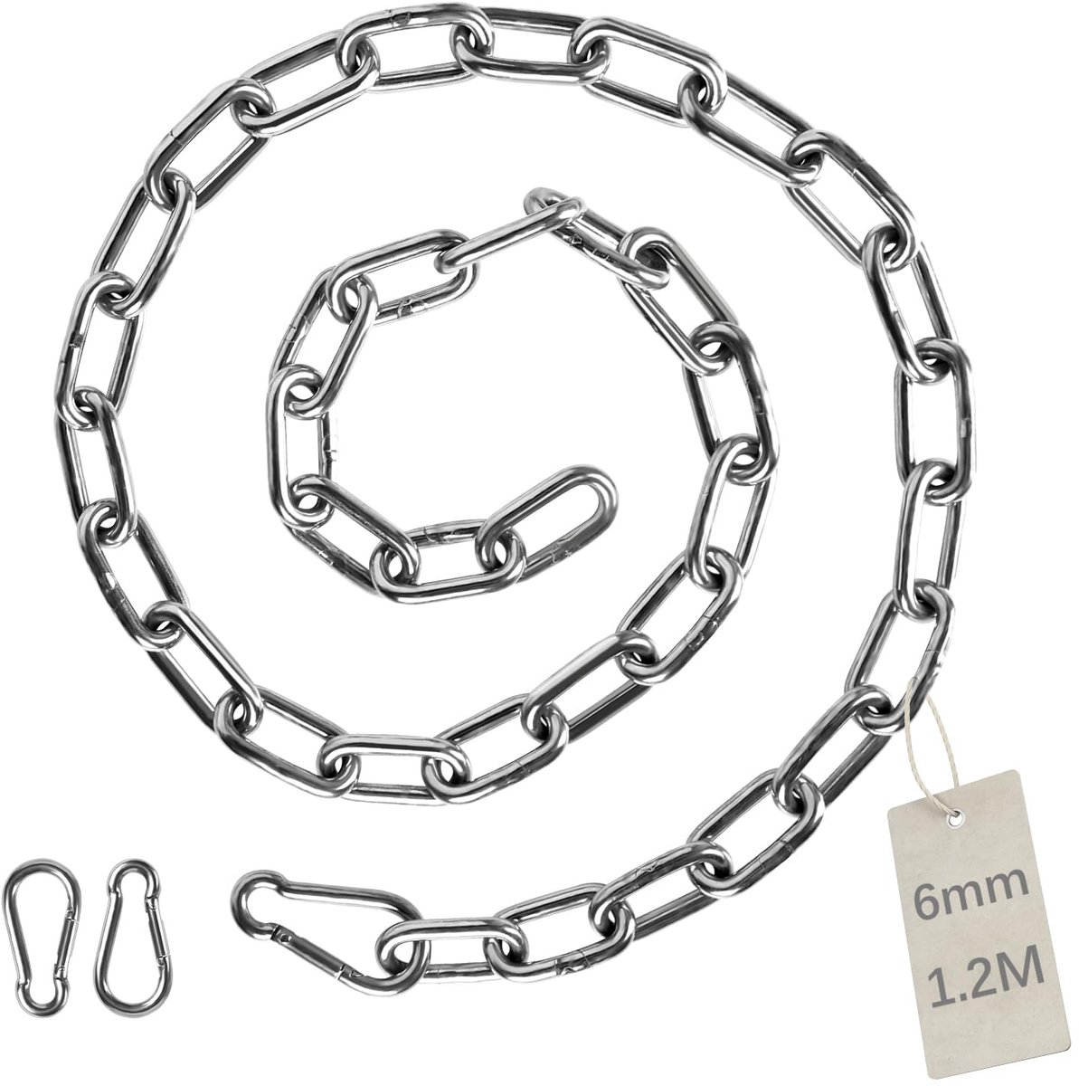 1,2 m roestvrijstalen ketting, 6 mm, stalen ketting, schakelketting, afsluitketting, sierketting met 2 karabijnhaken, metalen ketting om op te hangen, hondenketting, ankerketting, ronde