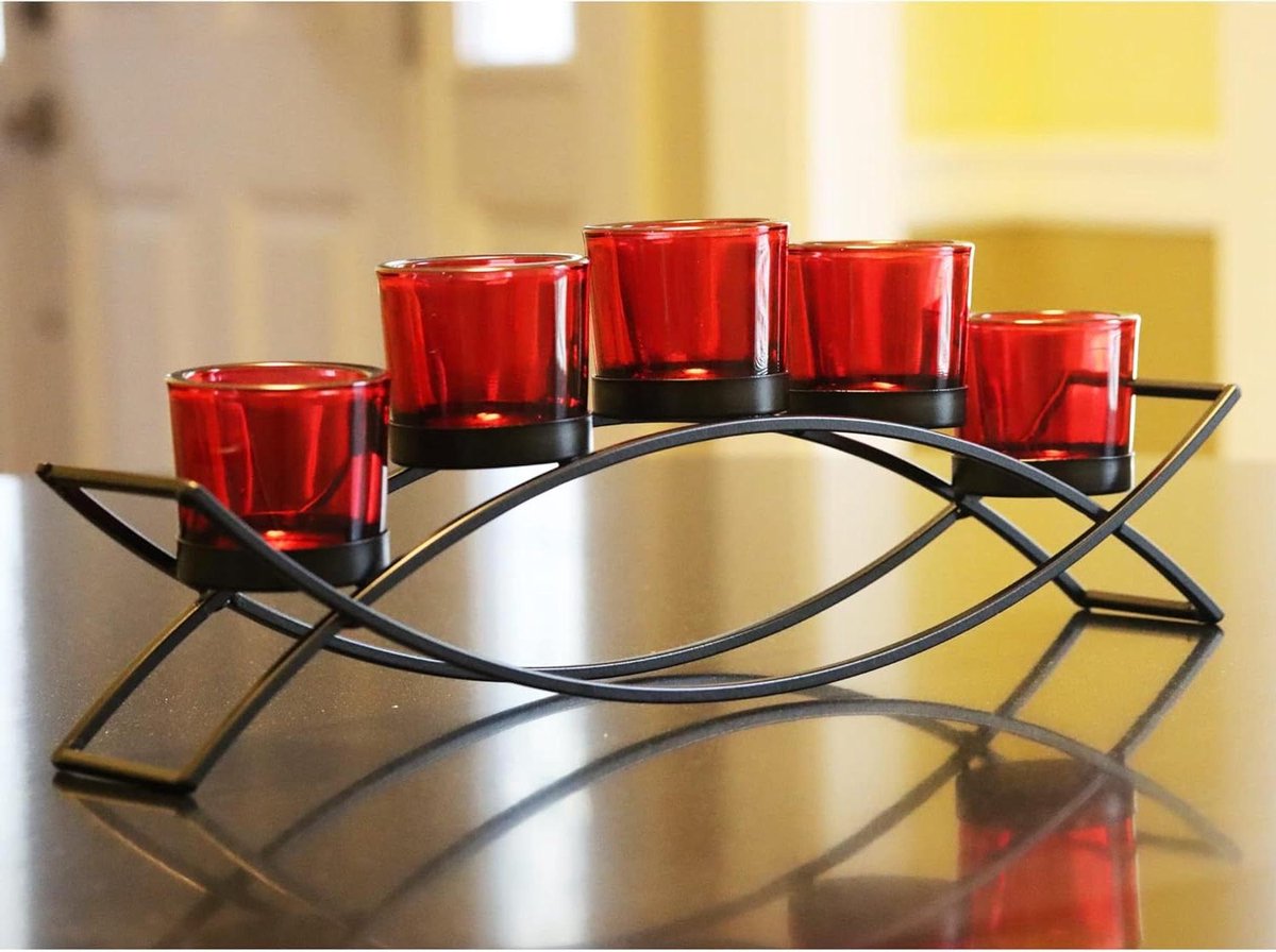Kaarsenstandaard - Kandelaar Tafeldecoratie - Sfeerverlichting Creëren - Boogvorm Met 5 Glazen Cups - 40 cm Lang - Zwart