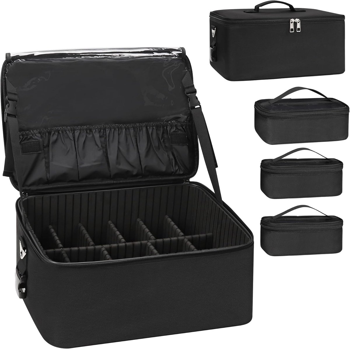grote make-uptas, professionele make-upkoffer, reizen, beautycase met 3 cosmeticatassen, opbergorganizer en lippenstiftplaat voor make-upartiesten met schouderriem, zwart, 15 Zoll x