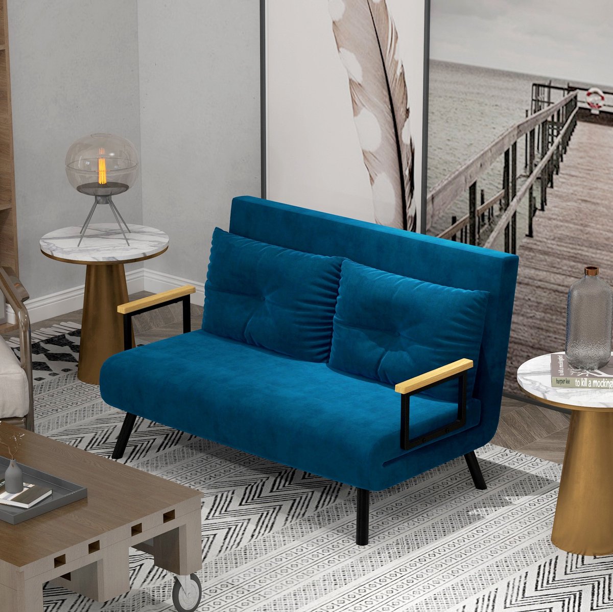 HAUSS SPOLE Fauteuil - Slaapfauteuil Met Bedfunctie - Verstelbare Rugleuning - Relaxfauteuil Voor Logeerkamer En Woonkamer - Velvet Blauw