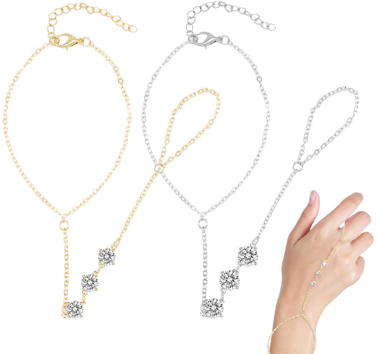Kristallen handharnas armband dames goud en zilver – 2 stuks set – verstelbare maat 17-22cm – elegante handketting met ring – ideaal voor feest, strand, dagelijks gebruik