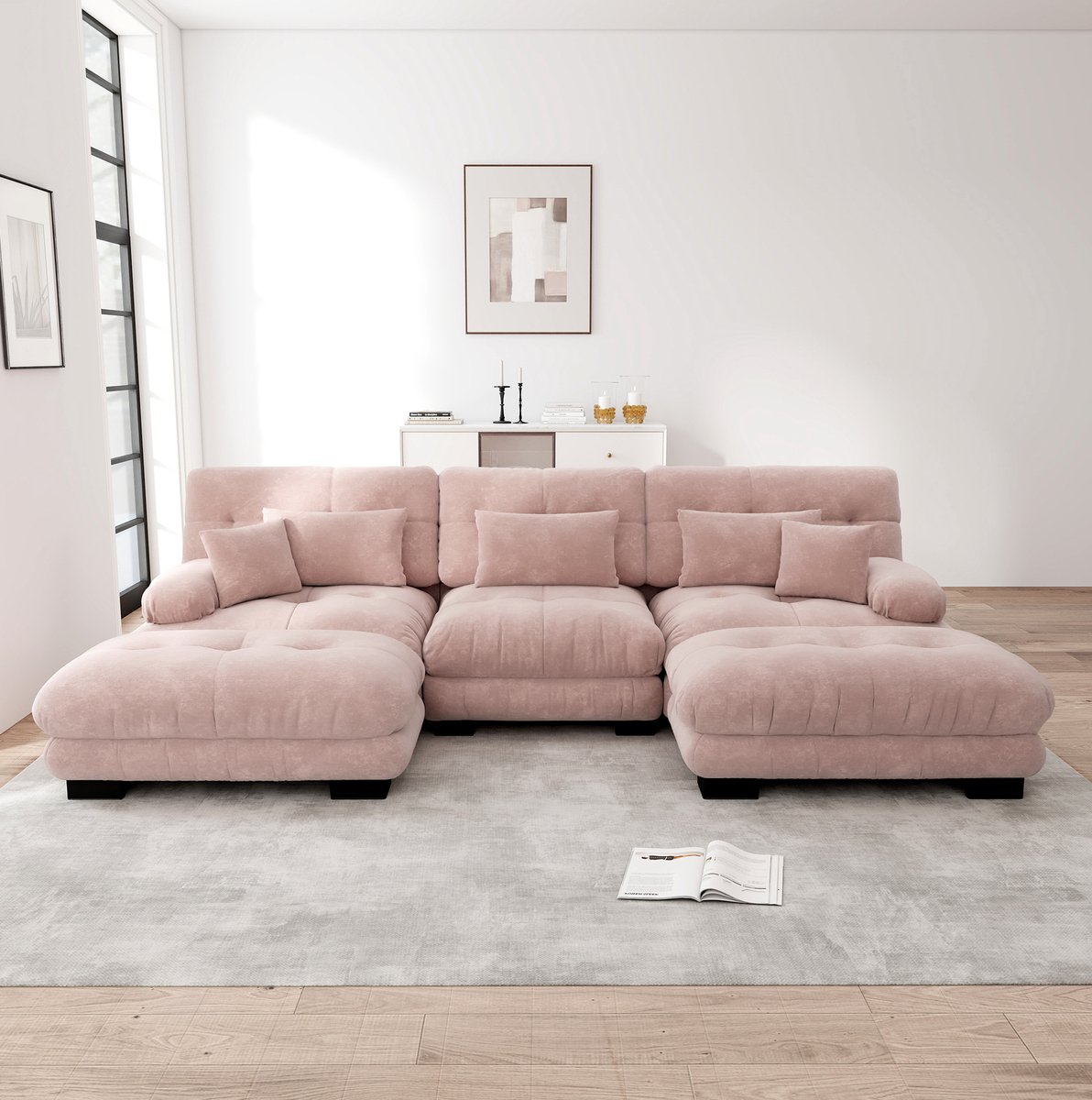 FloraGrace U-Bank 313 x 145 x 81 cm - Modulaire Hoekbank En Slaapbank Met Verplaatsbare Ottomans - Diepe Zitting - Chenille - Roze