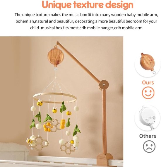 Mobiele muziekdoos voor baby's, houtlook, muziekbox, bedbel, kinderbed, mobiele motor, bedbel, hanger, babybed, decoratie, elektrische babymuziekdoos met 35 schattige melodieën, babybeddengoed — afbeelding 4