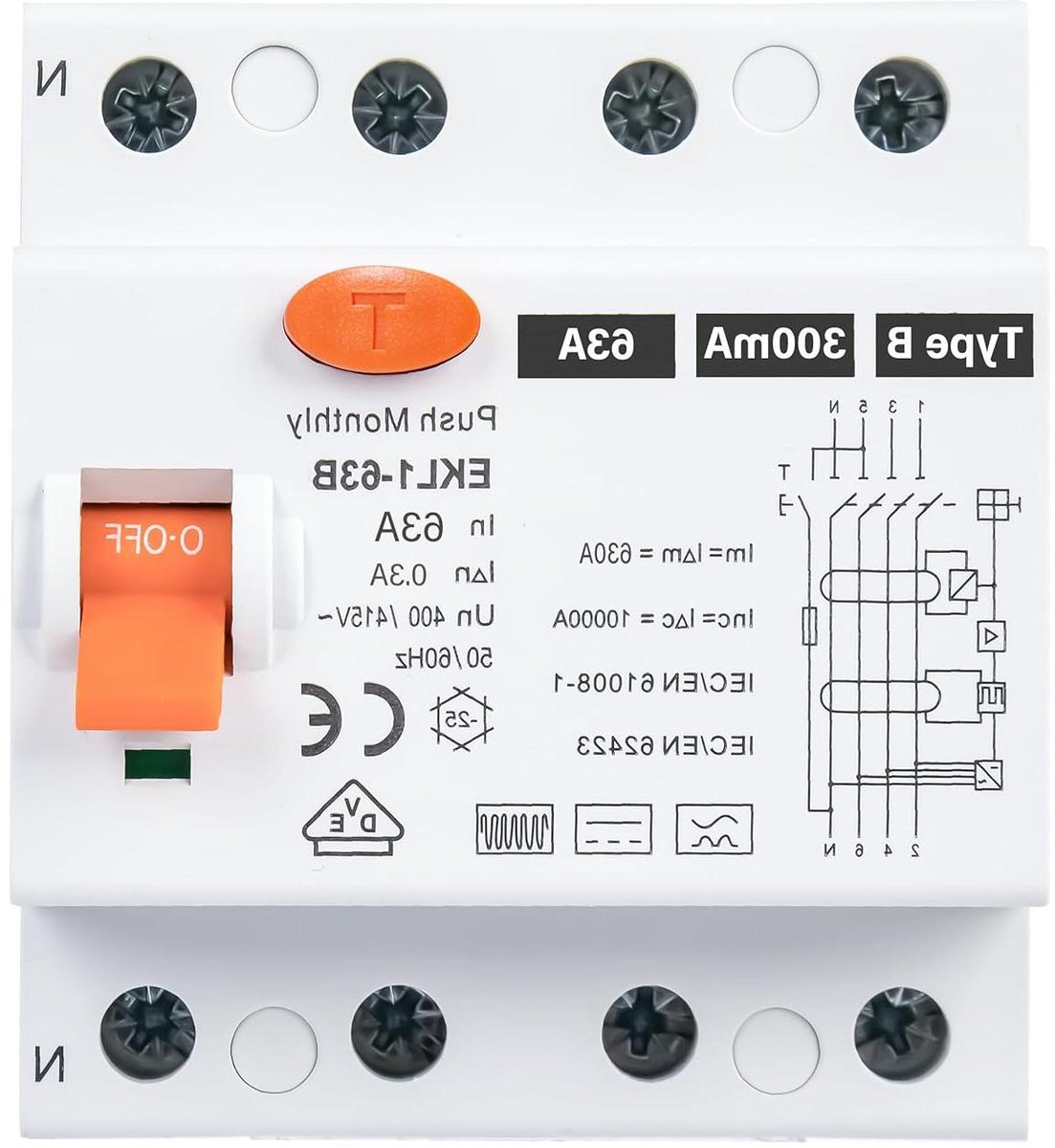 Veiligheidsschakelaar - RCD automaat - Bescherming installaties - Type B all-current - 63A 300mA - Grijs