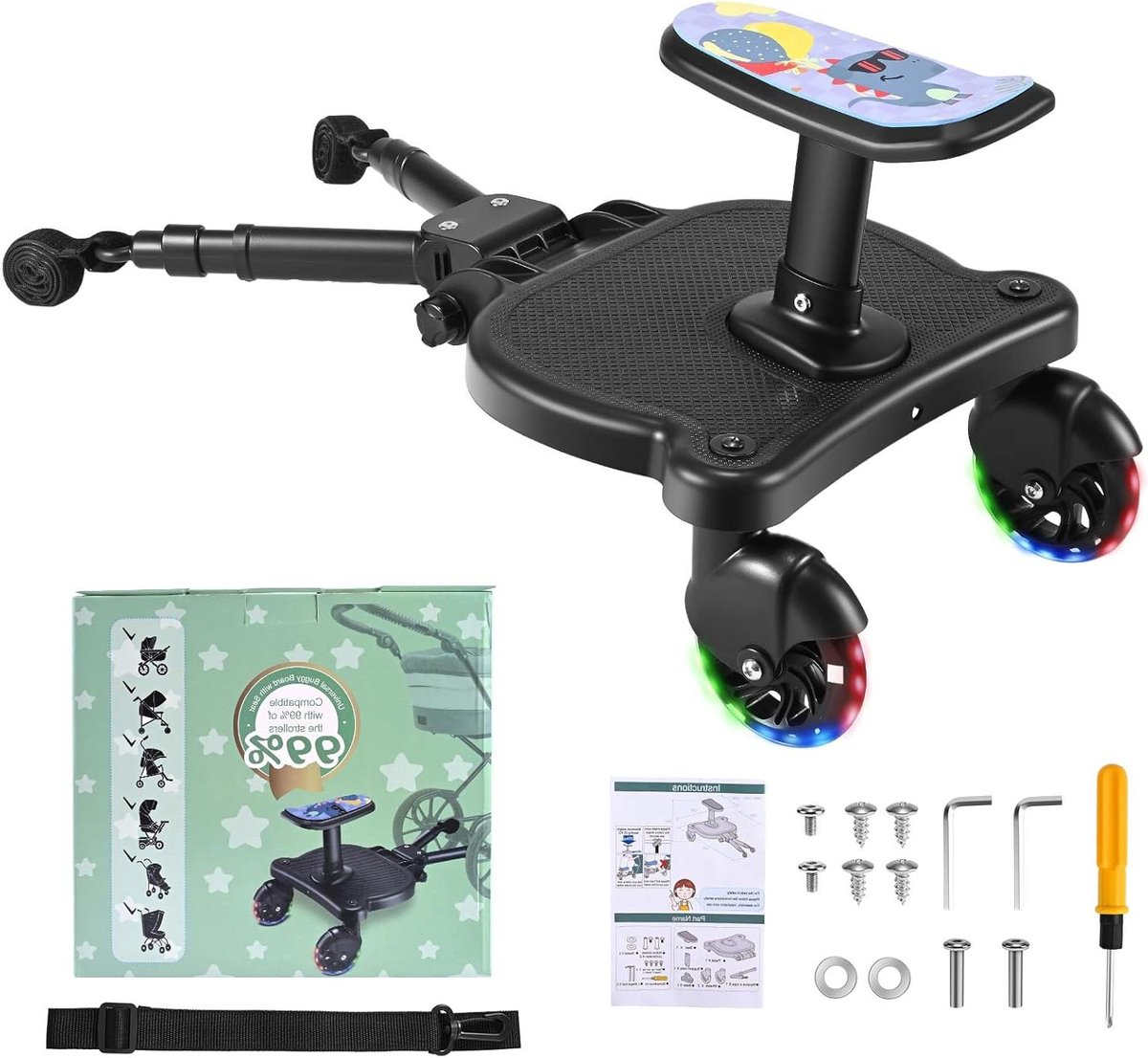 Buggy Board met Stoel - Kinderplankje Stroller - Reizen met Kinderen - LED Wielen - Tot 25 kg - Multicolor