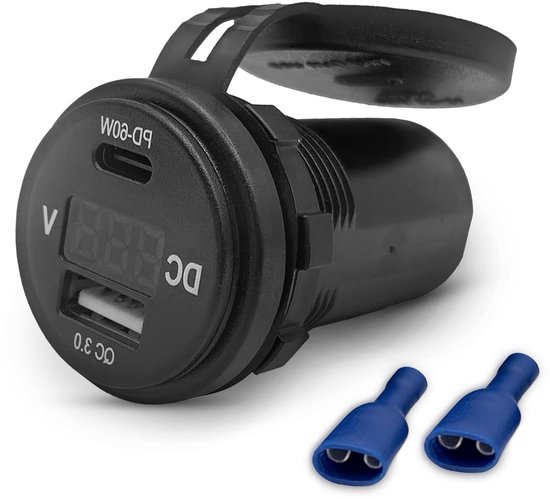 Dubbel USB Stopcontact - Autolader Camperlader - Onderweg Opladen - Met Spanningsindicator - 12V/24V - Zwart