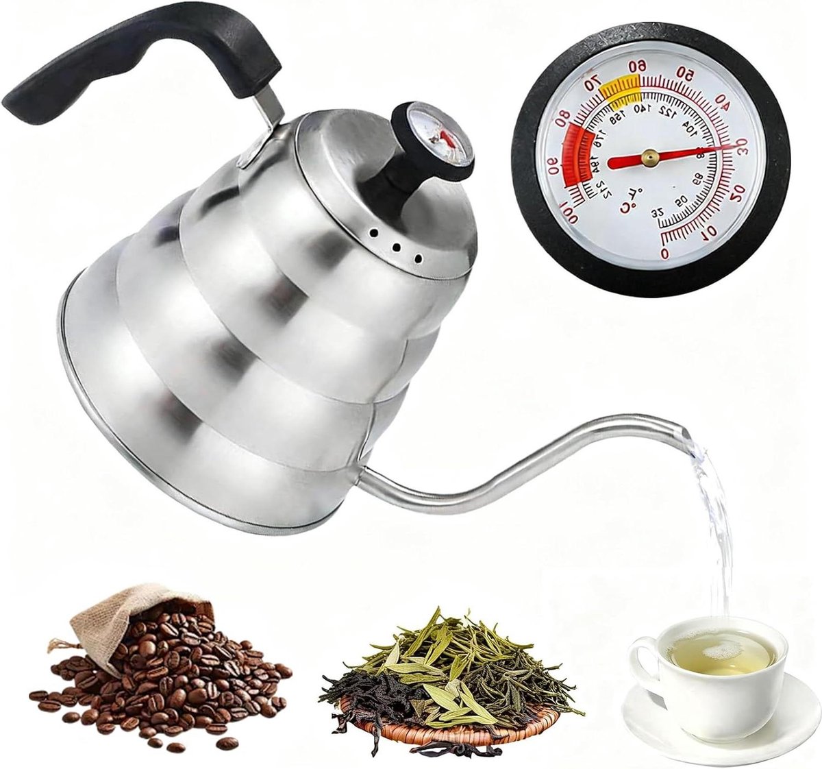 Waterkoker met Thermometer - Theeketel Gietkan - Koffie en Thee Zetten - Precise Gietuitloop - 1 Liter - Zilverkleurig