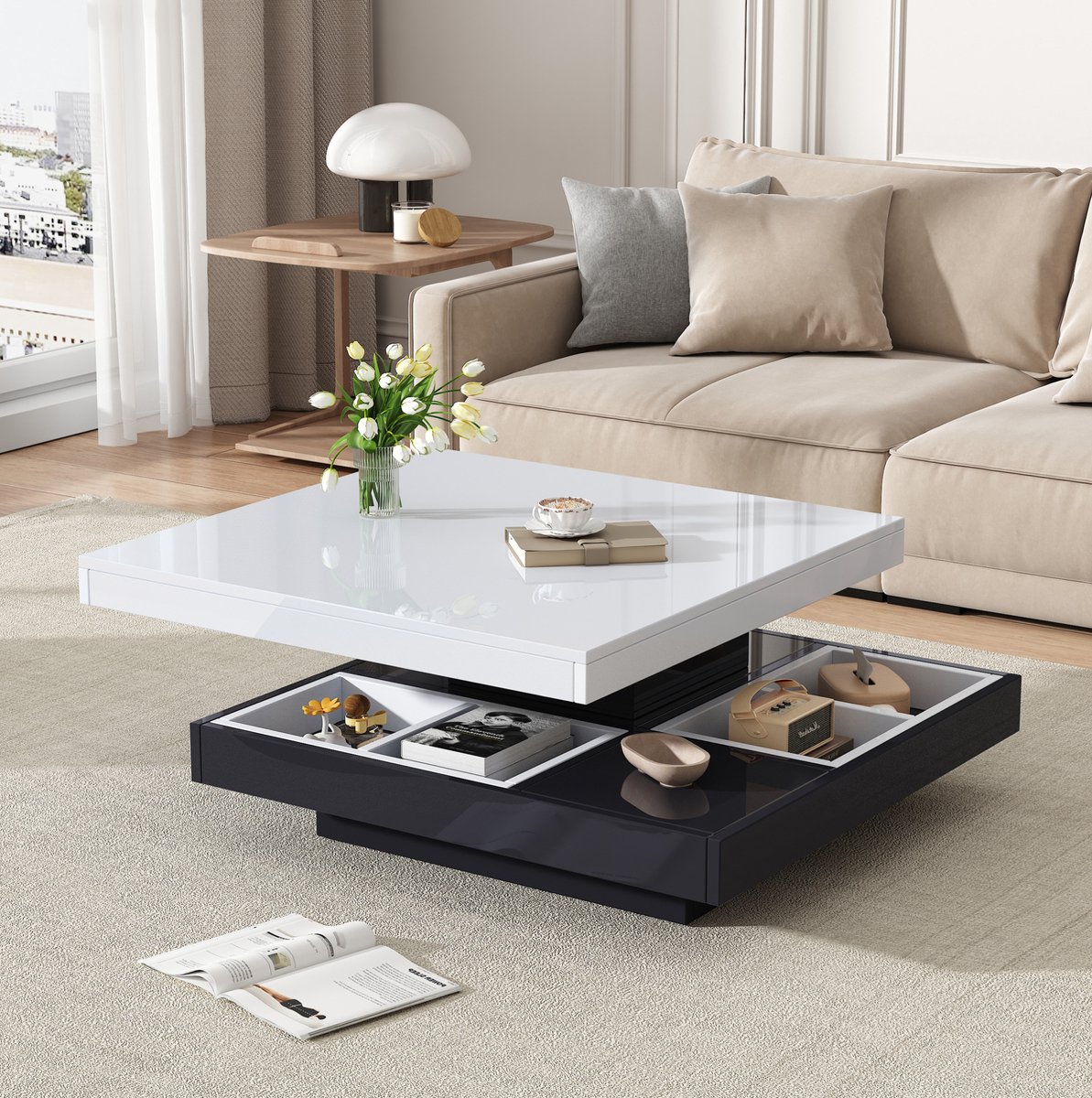 HAUSS SPOLE Salontafel - Draaibaar Dubbel Tafelblad Met Opbergruimte - Voor Woonkamer - Spaanplaat - 70x70x36 Cm - Wit Zwart