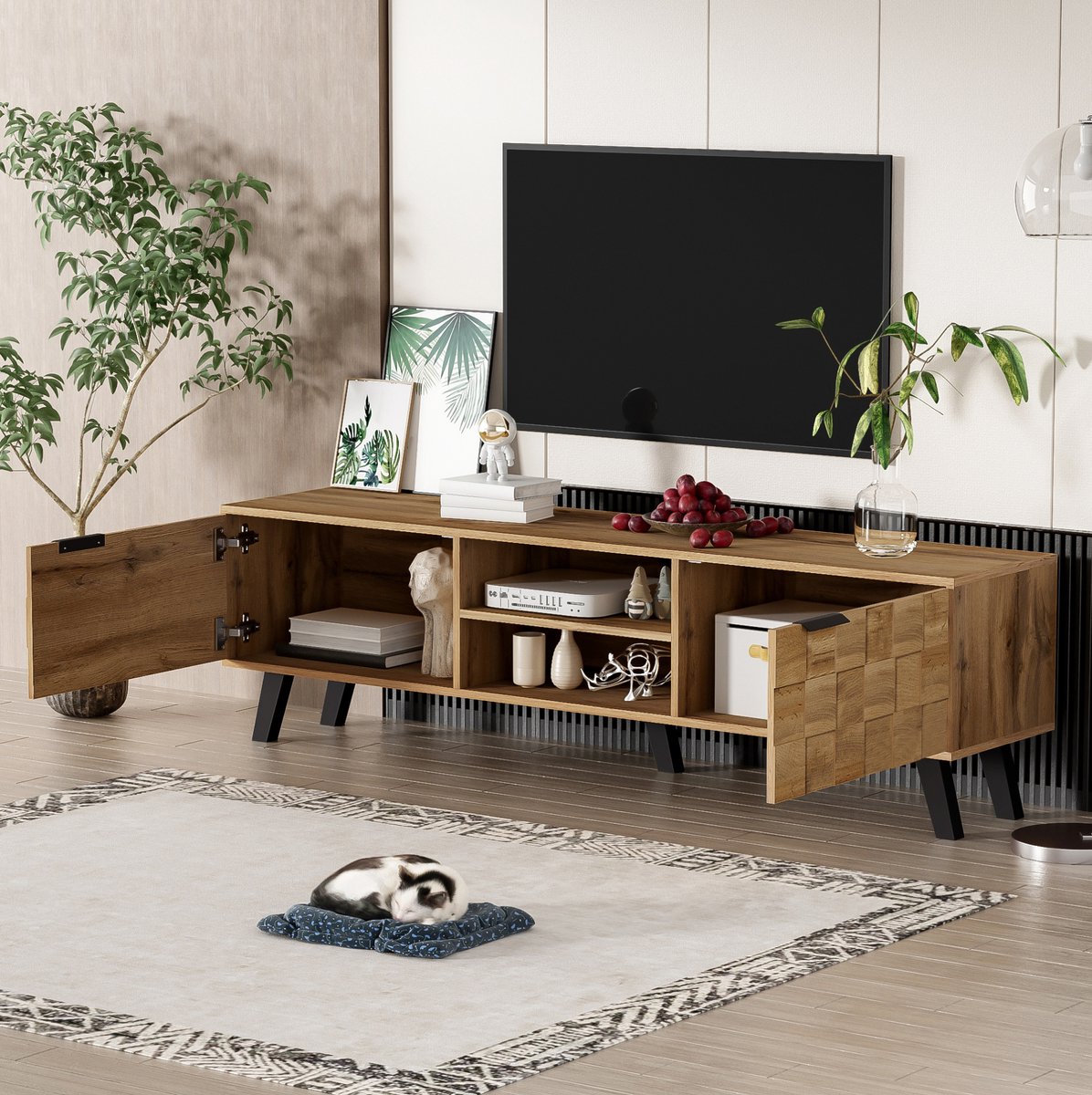 HAUSS SPOLE Dressoir - Modern Tv-Meubel Met 2 Deuren En 2 Open Vakken - Voor Woonkamer - Spaanplaat - 160,5x35,5x45 Cm - Houtkleur