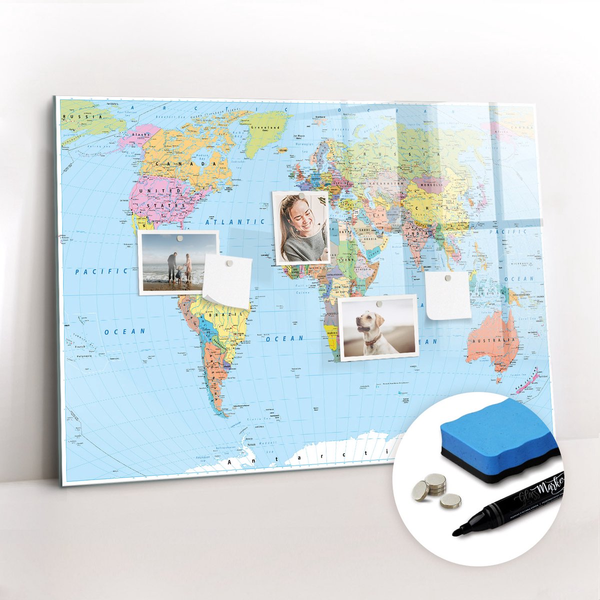 Tulup Whitebord - Overzicht van de politieke wereldkaart - 100 x 70 cm - Veelkleurig Magneetbord Rechthoekig - Gratis 5 Sterke Magneten + Whiteboard Marker & Wisser - Industrieel Wandbord - Magneetbord Foto - Productiviteit Tools