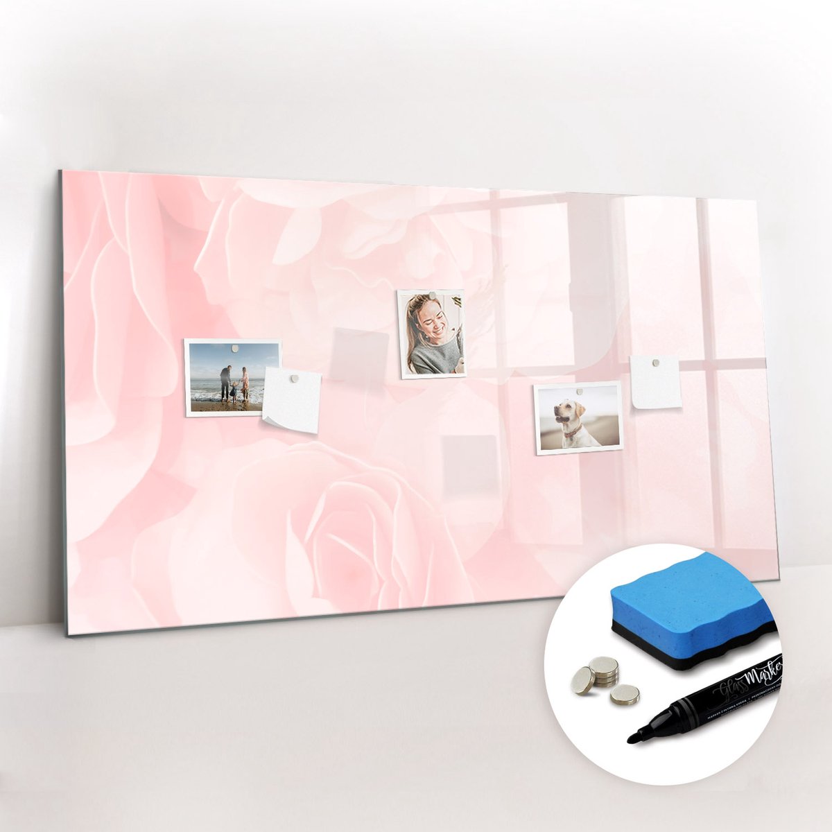 Tulup Whitebord - Bloeiende rozen - 120 x 60 cm - Roze Memobord Keuken - Gratis 5 Sterke Magneten + Whiteboard Marker & Wisser - Design Memobord - Magneetbord Muur - Ideeënbord Thuiswerkplek