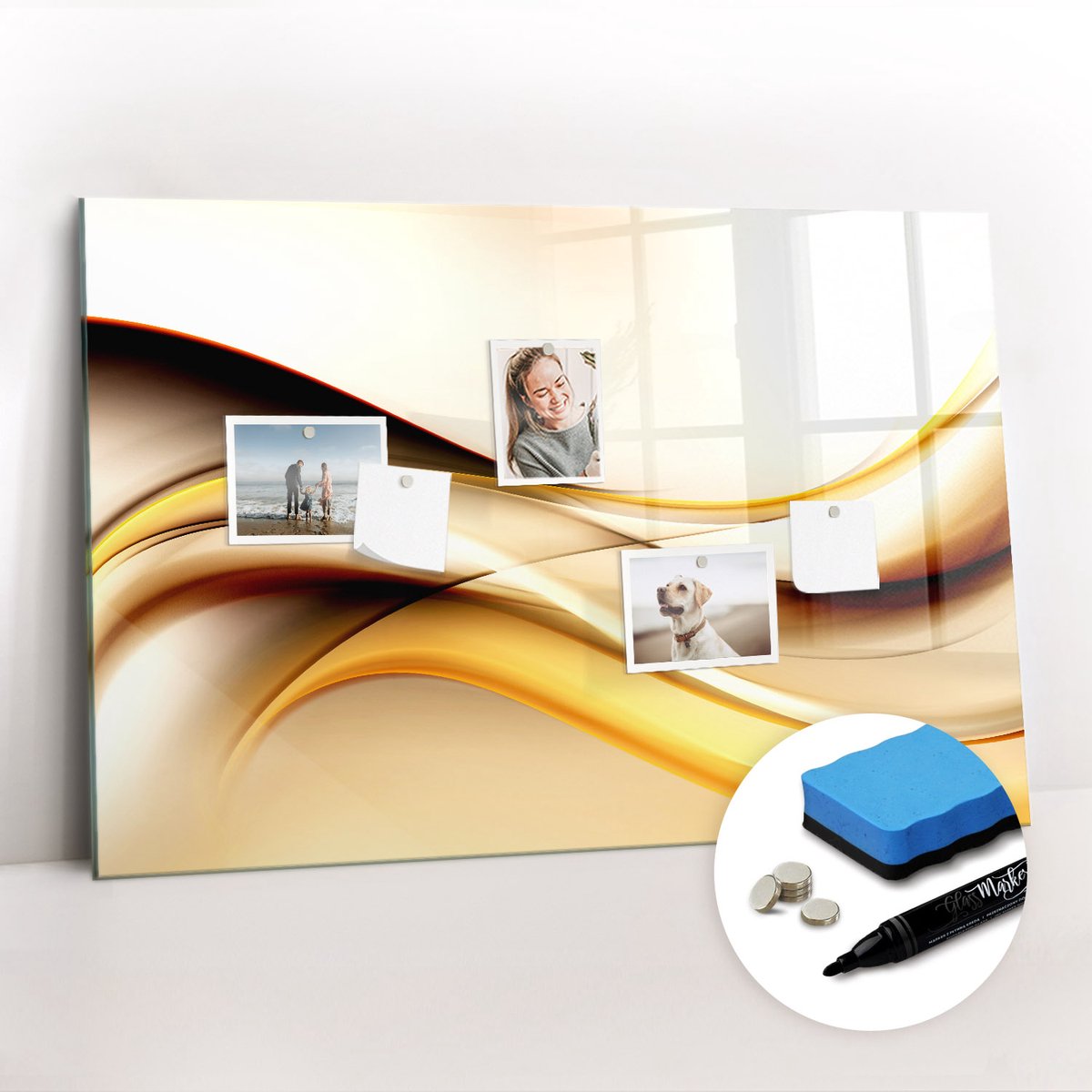 Tulup Whitebord - Abstracte golf - 90 x 60 cm - Geel Magneetbord Rechthoekig - Gratis 5 Sterke Magneten + Whiteboard Marker & Wisser - Moderne Wanddecoratie - Magneetbord Keuken - Notitiebord Werkplek