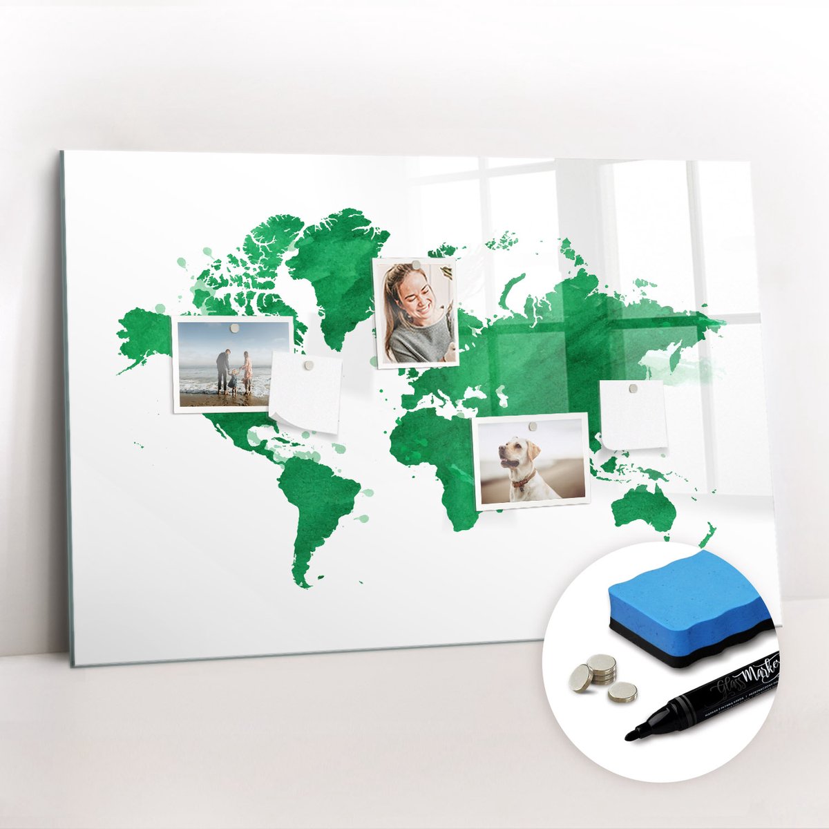 Tulup Whitebord - Groene wereldkaart - 90 x 60 cm - Groente Foto Magneetbord - Gratis 5 Sterke Magneten + Whiteboard Marker & Wisser - Design Memobord - Magneetbord Design - Inspiratiebord Kantoor