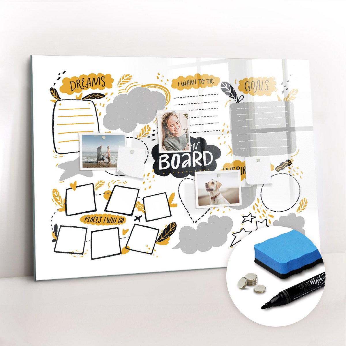 Tulup Whitebord - Nieuwjaarsdoelen - 100 x 70 cm - Wit Memo Bord - Gratis 5 Sterke Magneten + Whiteboard Marker & Wisser - Stylish Memo Board - Memobord Glas - Planning Muur
