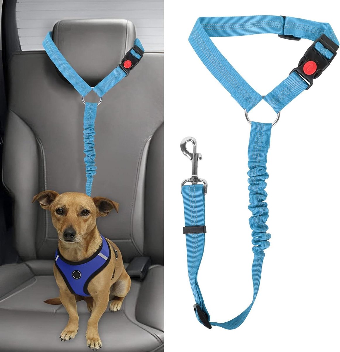 Honden Autogordel - Harnas Riem - Veilig Reizen - Verstelbaar Elastisch - 46-75cm - Blauw