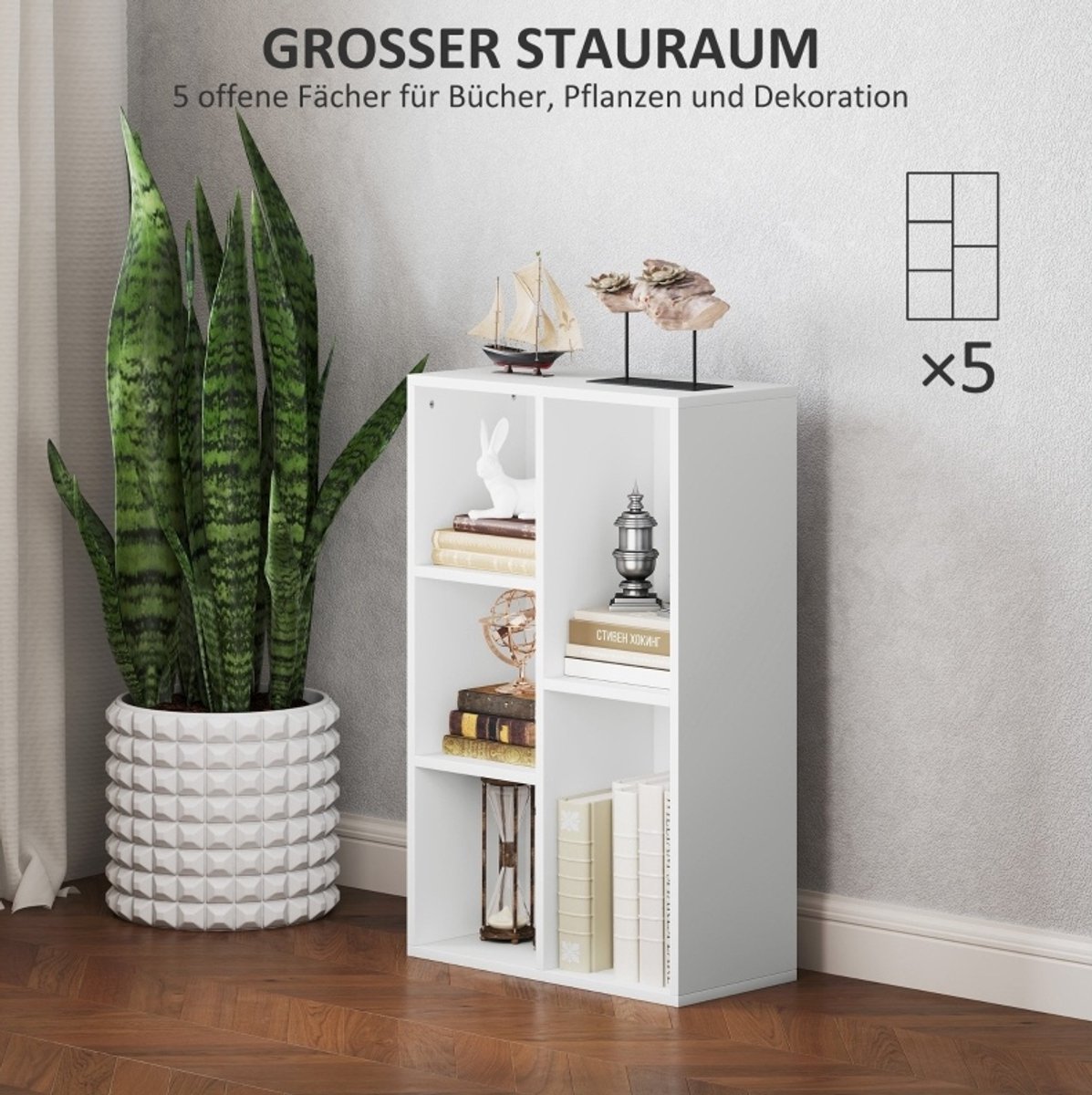 MEUNIQ Boekenkast 50 x 24 x 80 cm met 5 open vakken, horizontaal of verticaal te plaatsen, open opbergkast voor woonkamer, slaapkamer of kantoor, wit