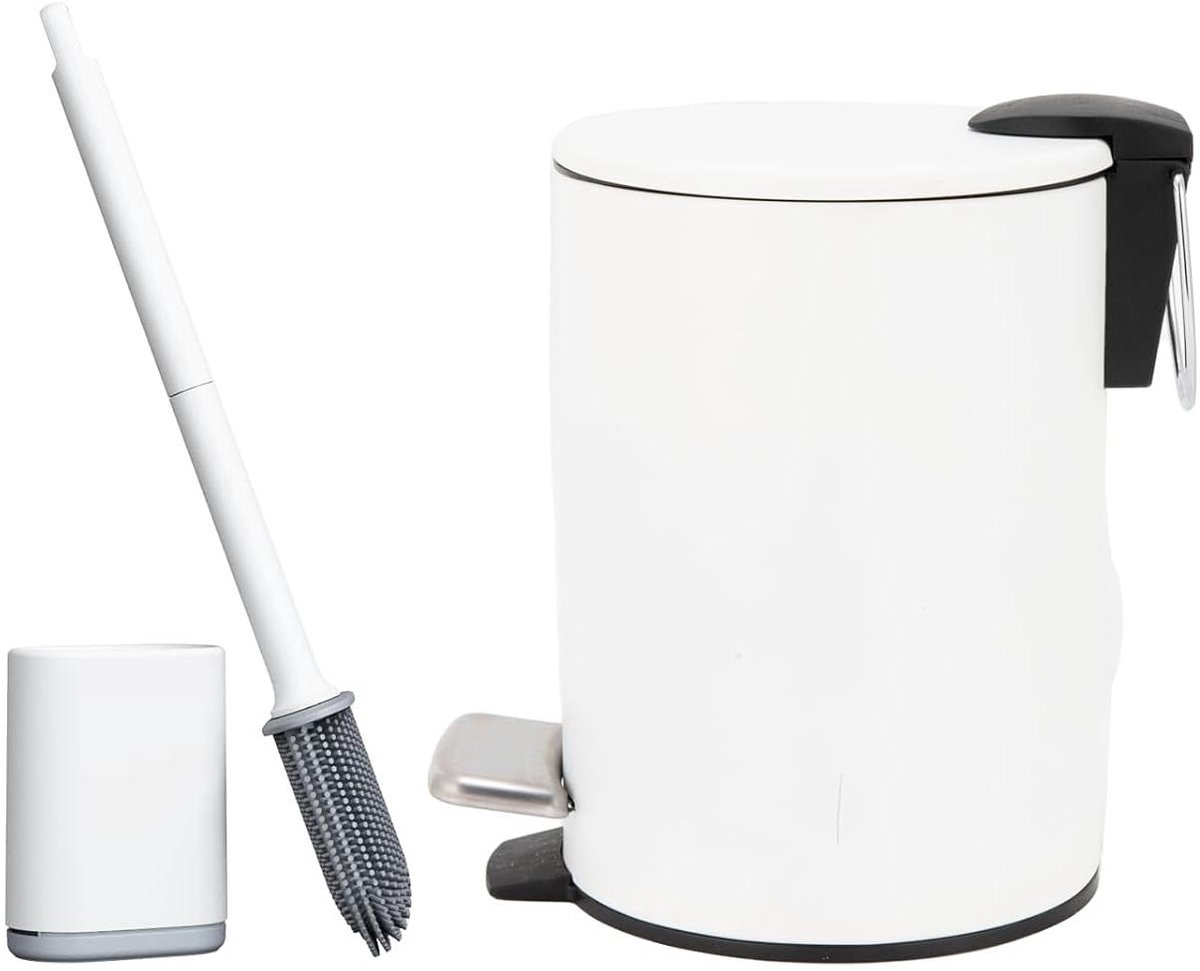 Pedaalemmer met Toiletborstel - Prullenbak Set - Badkamer Organisatie - Plat Deksel - 3 Liter - Wit
