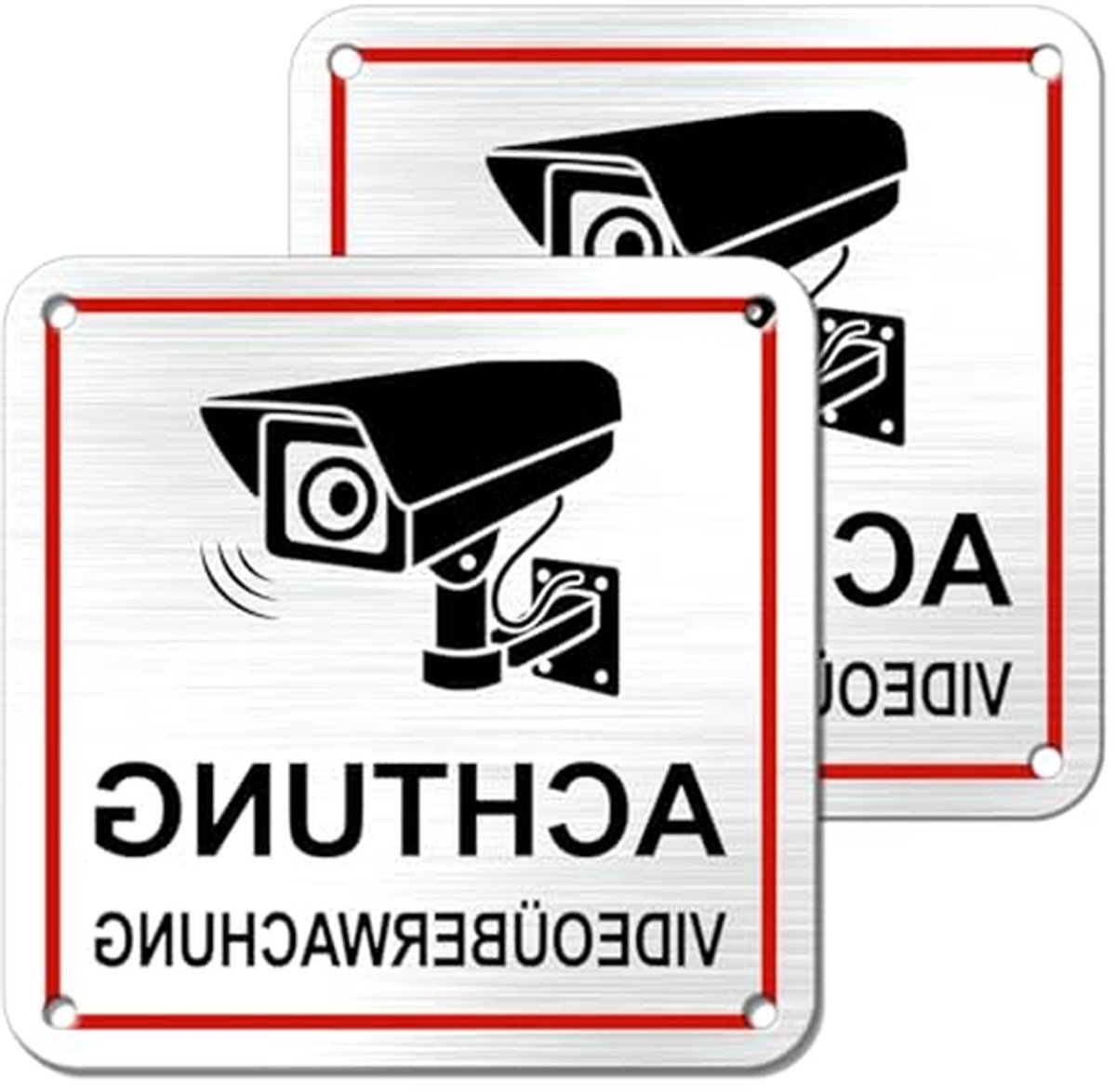 Bewaking Sticker - Waarschuwingsbord - Terrein Beveiligen - Aluminium Weerbestendig - 10x10cm 2 Stuks - Zilver