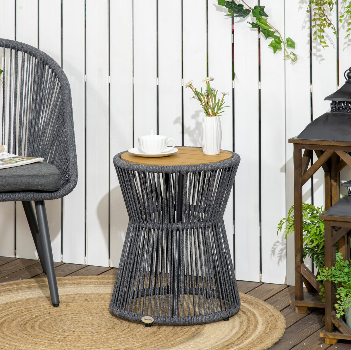MEUNIQ ronde tuintafel 39 cm bijzettafel met kunststof tafelblad in houtlook, aluminium frame en verstelbare voetjes voor balkon, terras of tuin, donkergrijs