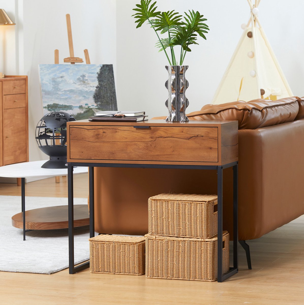 MEUNIQ Sidetable met lade 80 x 30 x 76 cm, industriële consoletafel voor hal, woonkamer of slaapkamer, naturel met zwarte metalen poten