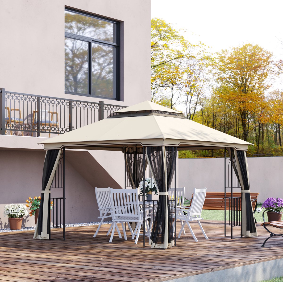 MEUNIQ paviljoen partytent 2,99 x 2,99 m met dubbel dak, 4 afneembare gaaszijwanden, metalen frame, hoekplanken voor tuin, terras of patio in beige