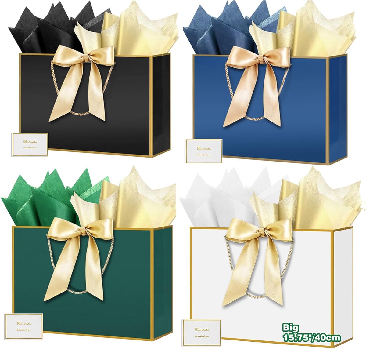 15,75 inch geschenkzakjes, 4 grote geschenkzakjes Maxi XXL, 40 x 30 x 12,5 cm, grote cadeauzakjes met zijdepapier en papier, cadeautas voor bruiloft, Kerstmis, bedrijfsfeest, verjaardag J