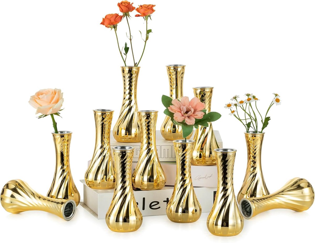 Glazen Knopvaas Goud: 12 Stuks Kleine Bloemenvazen Voor Bruiloft Tafelstuk - Vintage Geribbelde Vaas Voor Thuis Verjaardag Receptie Decoraties