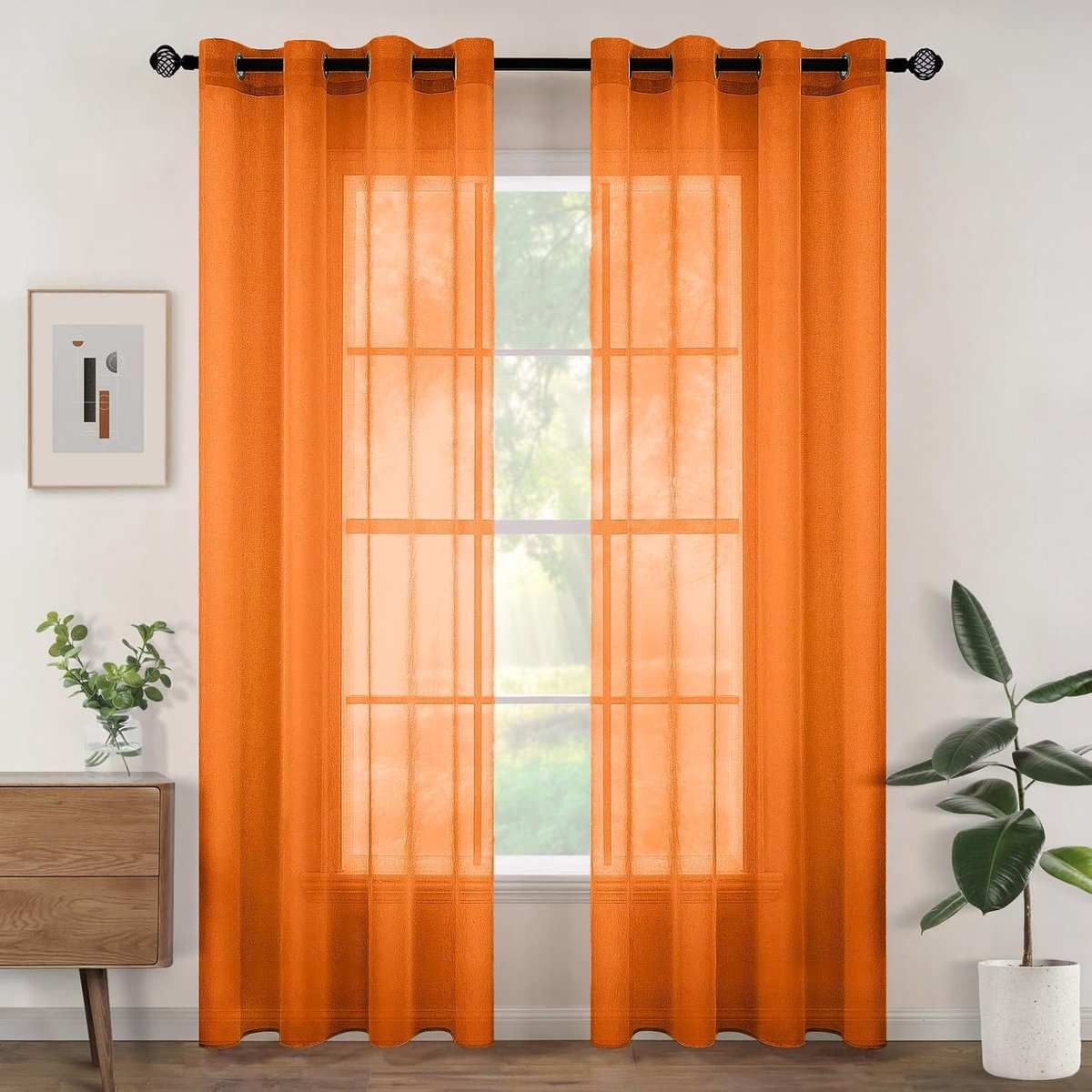 Set van 2 voile-gordijnen met ogen, semi-transparant, voor binnen, voor slaapkamer, woonkamer, huis, 140 x 260 cm, oranje