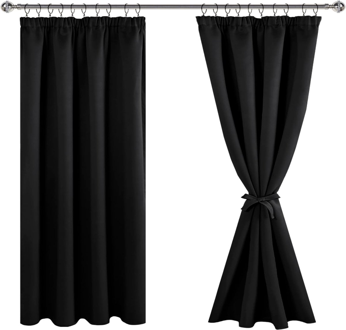 Gordijnen, ondoorzichtig, met plooiband, thermogordijn, raamgordijn voor slaapkamer, zwart, 117 x 137 cm, set van 2 panelen