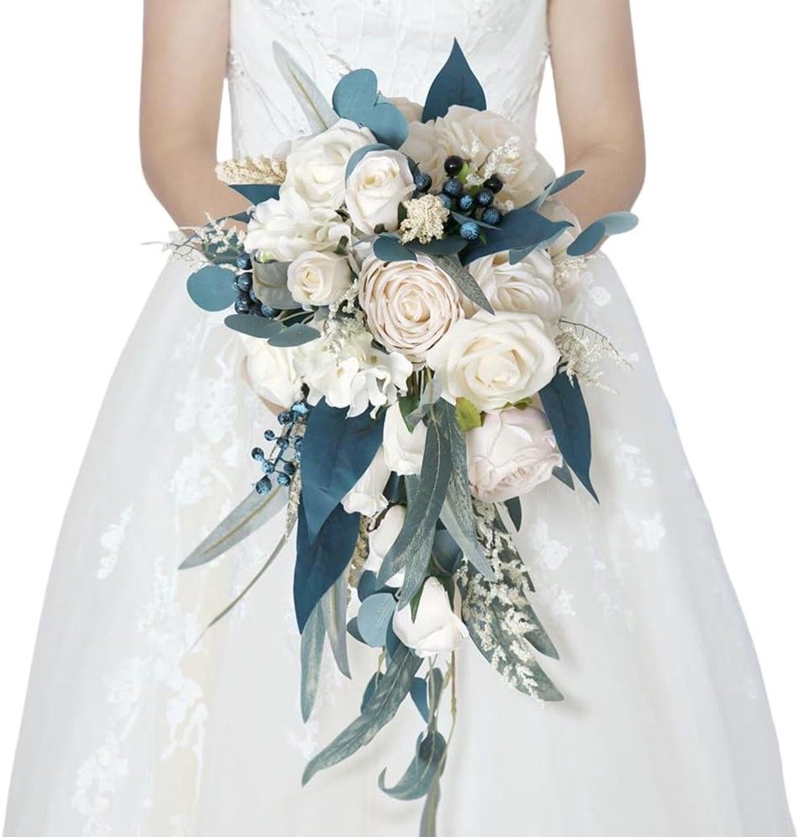 Bruidsboeket Kunstbloemen - Zijden Boeket - Bruiloft Decoratie - Waterdruppel Design - 345 Grams - Blauw