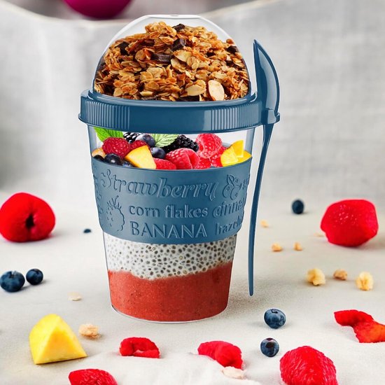 Yoghurt Potten - Havermout Bakjes - Ontbijt Onderweg - Inclusief Lepel - 600 ml - Blauw Grijs — afbeelding 2