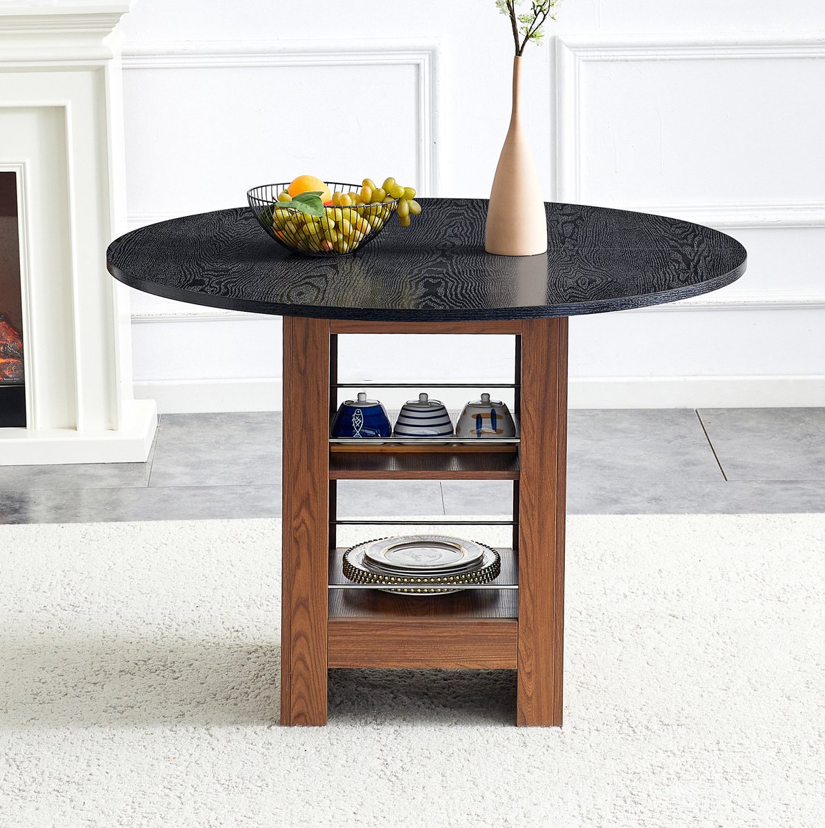 MIVRAY Eettafel - Ronde Tafel Met Open Opbergvak - Voor Keuken En Eetkamer Voor 2 Tot 4 Personen - MDF - Walnoot En Zwart - 100x76 Cm