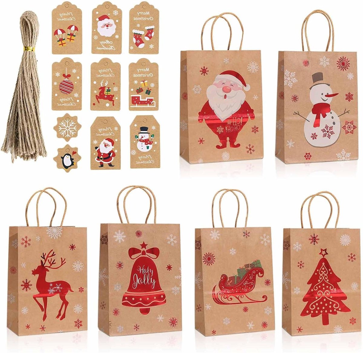 Cadeauzakjes Kerst - Papieren zakjes - Feestelijke Geschenkverpakking - Set van 24 stuks - 21 x 15 x 8 cm