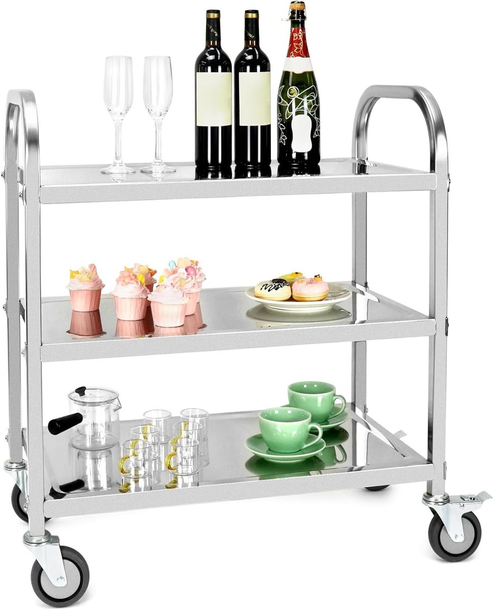 Drie-laagse RVS Serveerwagen met Lage Vibratie Remwielen voor Keuken, Hotel en Restaurant (75 x 40 x 83.5 cm)