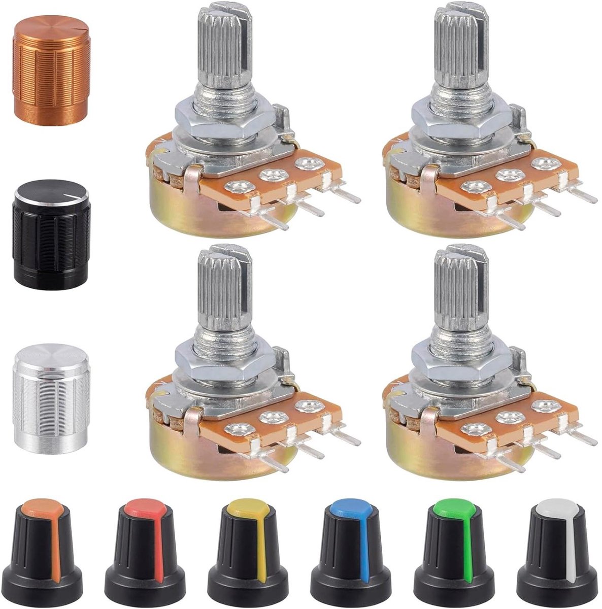Draaipotentiometers - Variabele weerstanden - Elektronische projecten - Lineaire kegel - 100 K Ohm - Meerdere kleuren knoppen