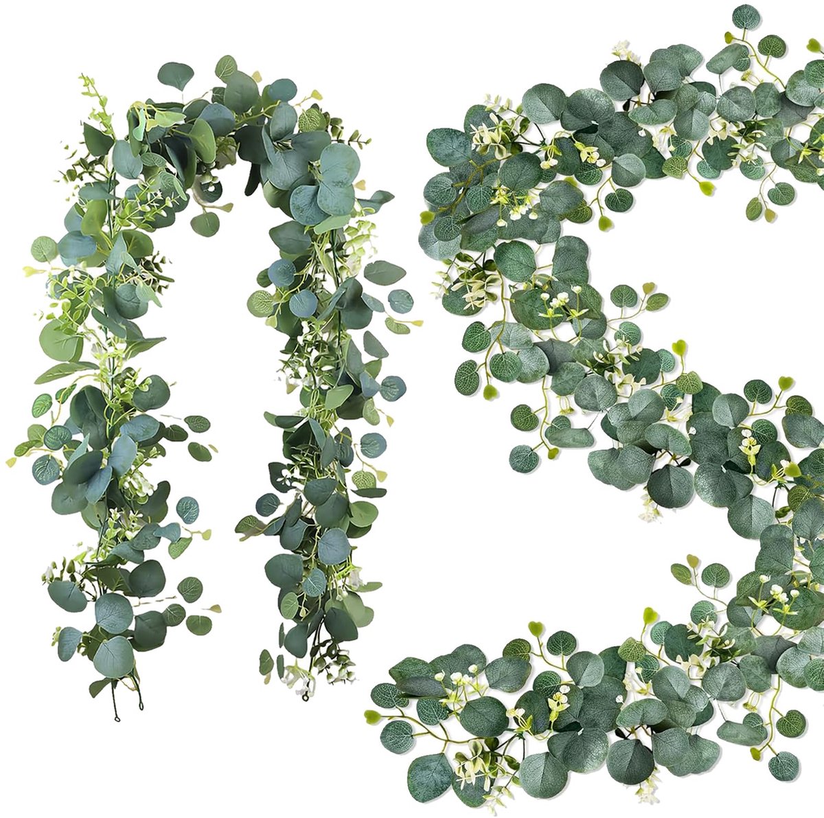 slinger 1,8 m, kunstmatige eucalyptus decoratie - bruiloft eucalyptu-decoratie en huisdecoratie, waterdichte groene slinger met witte bloemen voor binnen en buiten, balkon, tafeldecoratie