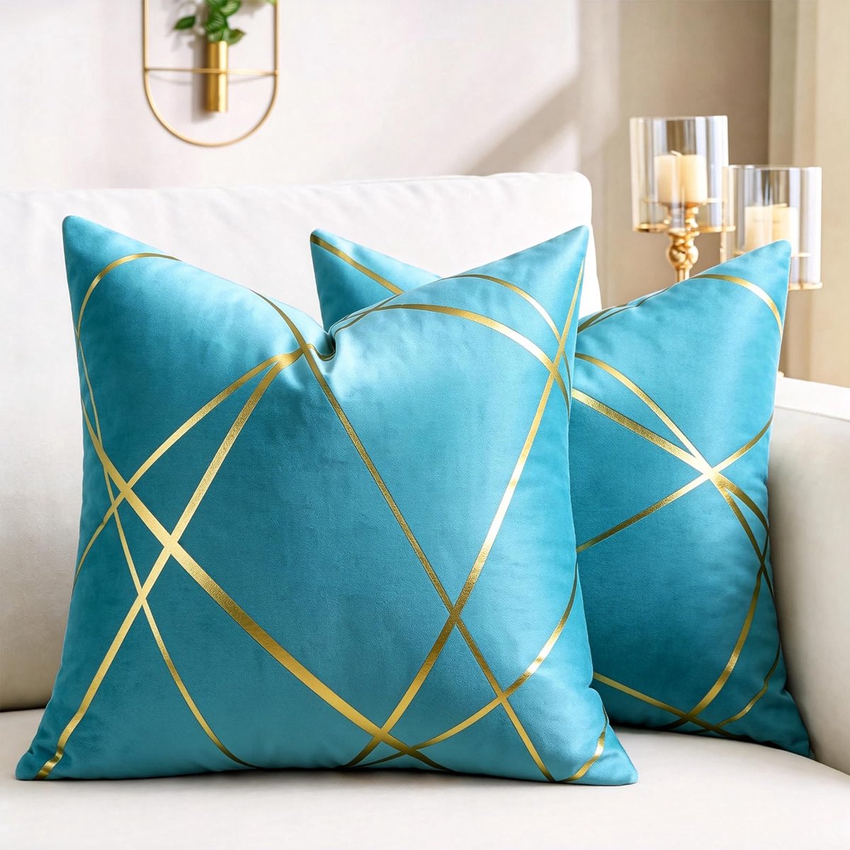 40 x 40 cm pauwkussen blauw gouden lijnen decoratieve kussenslopen geometrie kussen woonkamer slaapkamer bank kussensloop bank set van 2