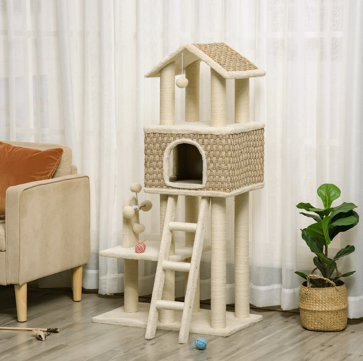 MEUNIQ Krabpaal 131 cm met kattenhuis, sisal krabstammen en speeltjes, meerlaags krabmeubel met pluche ligplekken voor binnen, khaki en beige