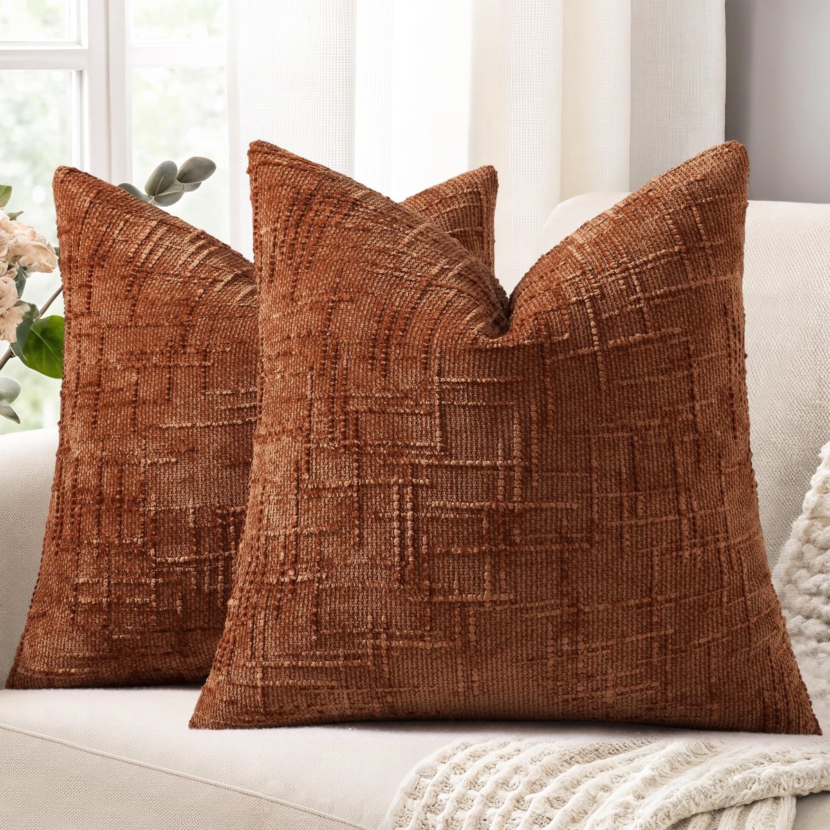 Set van 2 chenille kussenslopen, 40 x 40 cm, zachte decoratieve bankkussens met textuur, bamboevoegen, sierkussenhoezen voor woonkamer, slaapkamer, woondecoratie, roest