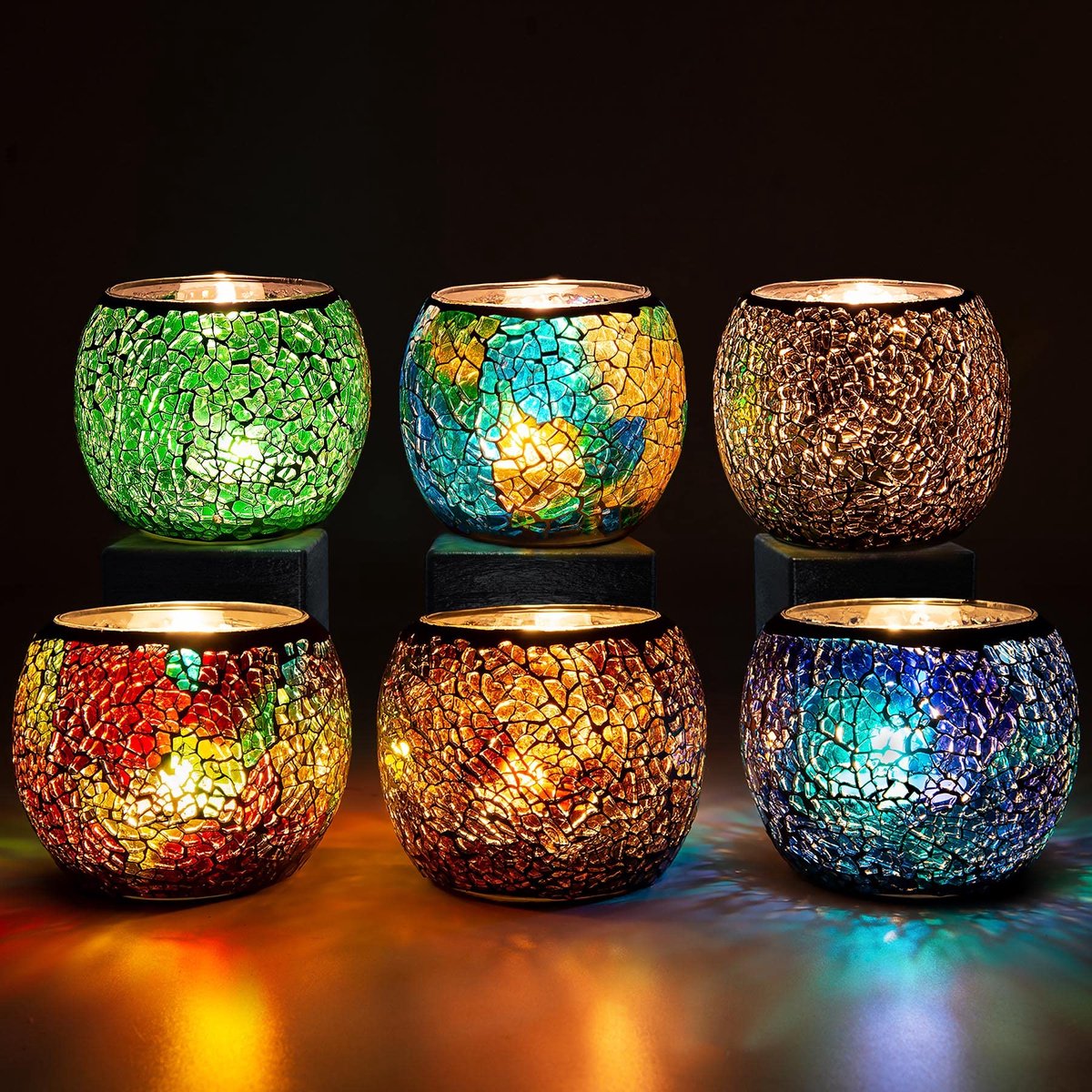 Theelichthouders, 6 stuks, mozaïekkaarsenstandaard, glazen kandelaar, romantische theelichtglazen, handgemaakte kleurrijke theelichtjes, windlichtdecoratie voor verjaardag, bruiloft, Kerstm