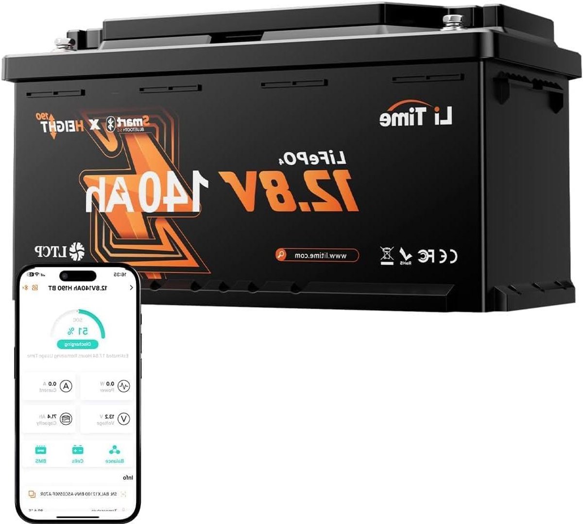 12V 140Ah LiFePO4 Batterij - Camper Batterij - Energievoorziening Onderweg - Ingebouwde Bluetooth Monitoring - 12.96 kg - Zwart