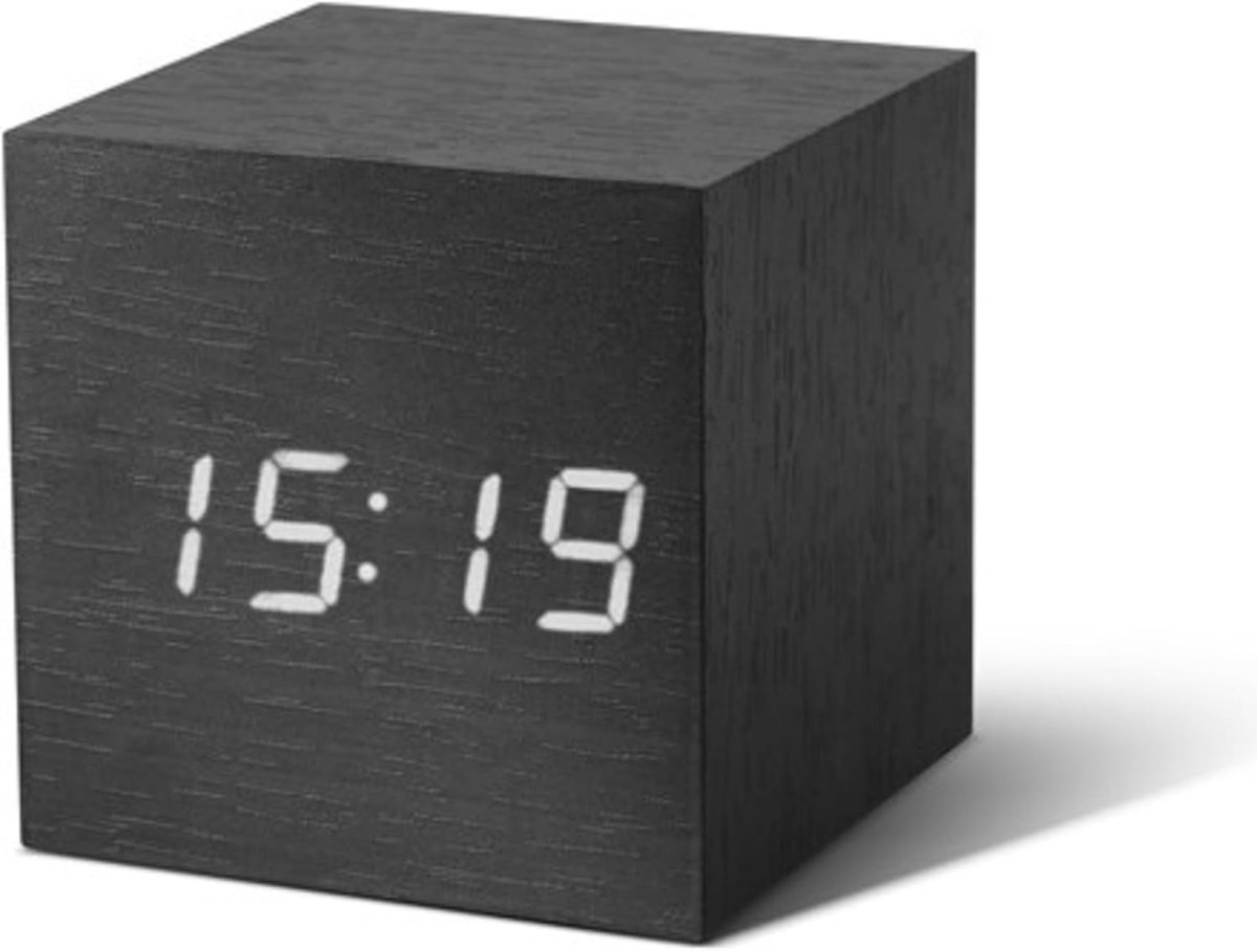 Kubus Klok - Wekker Zwart - Nachtkastje Gebruik - Responceert op Geluid - 6.8 x 6.8 cm - Zwart