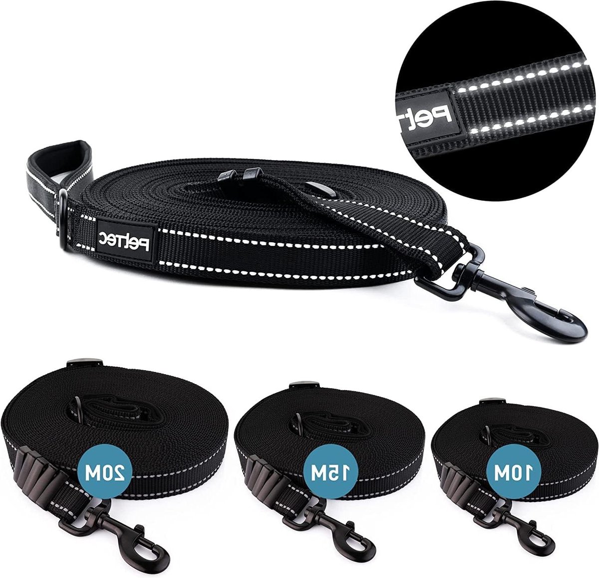 Honden Trainingslijn - Lange Hondenhalsband - Gecontroleerde Uitloop - Reflecterende Naden - Tot 20 Meter - Zwart
