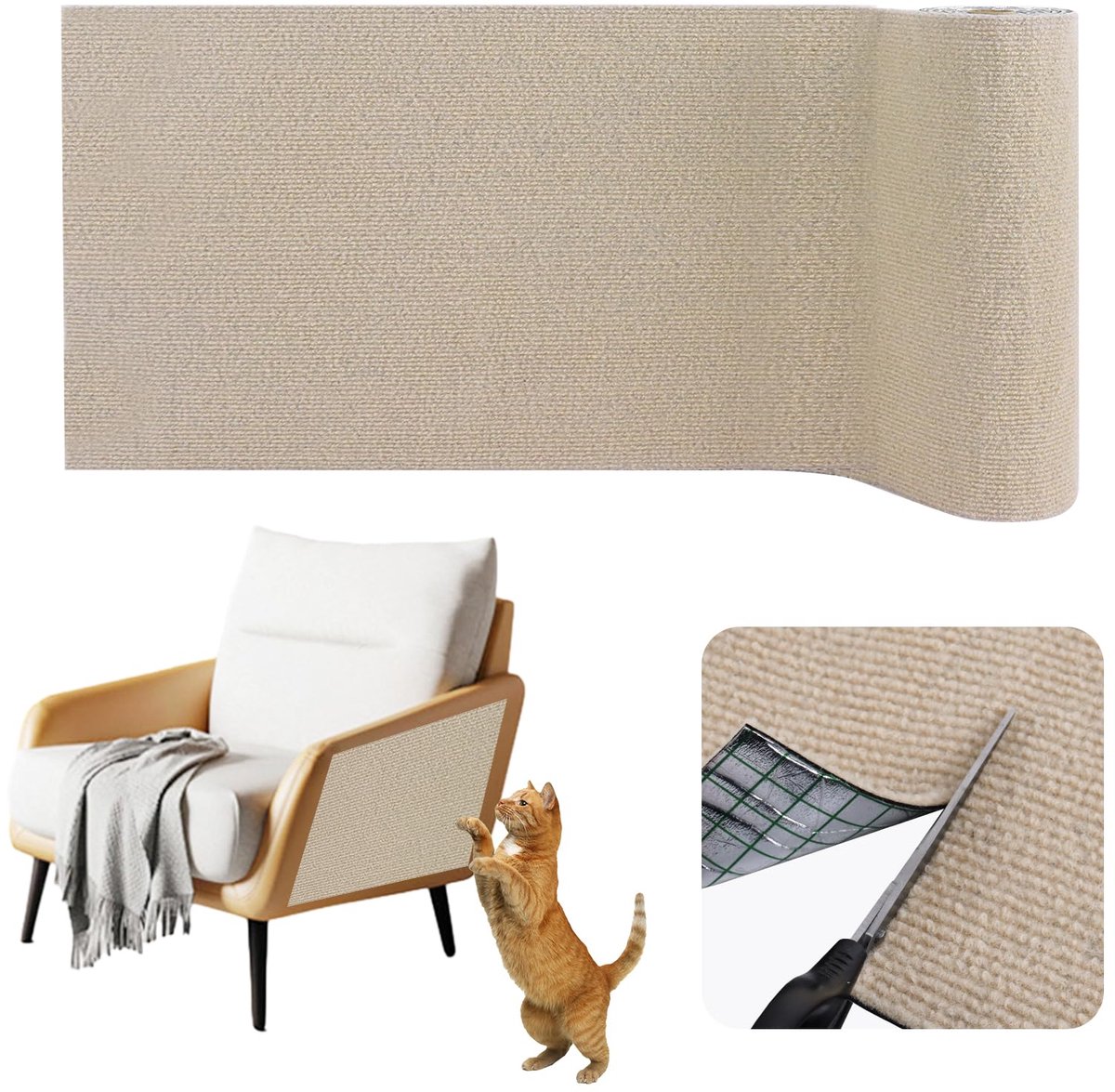 Krabmat voor katten, zelfklevend krabplanken krabtapijt plakken voor kat kattenkrabmat voor bank muren hoeken bescherm tapijt (Khaki, 40 cm x 4 m)