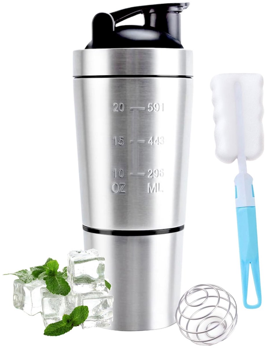 Shaker, 700 ml shaker voor proteïneshake, sport, fitness, eiwitshaker met stalen bal, shaker, roestvrij staal, BPA-vrij, lekvrij, voor dieet en fitnessshakes
