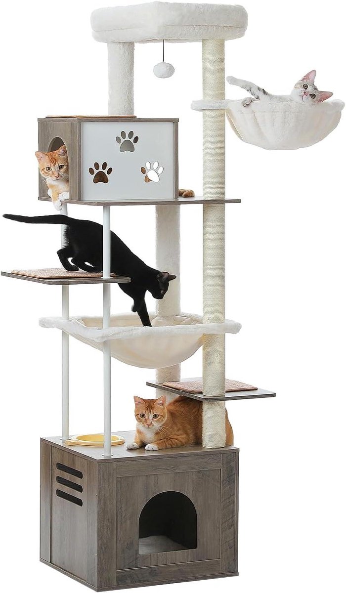 Grote Krabpaal - Kattenboom Klimtoren - Katten Vermaken - Voederstation Ingebouwd - 190 cm Hoog - Grijs