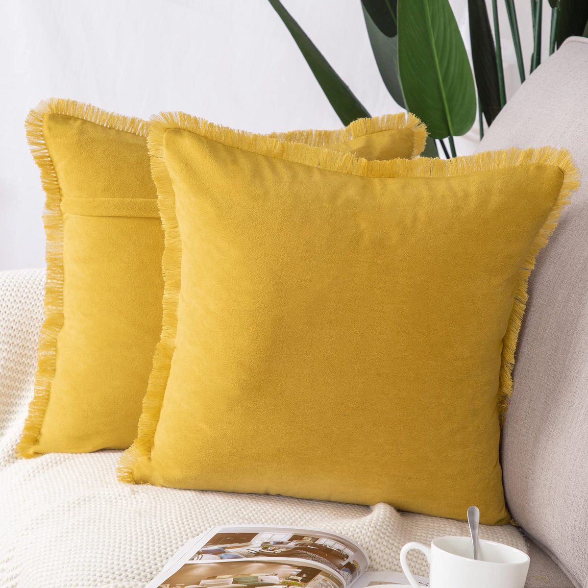Set van 2 Kort suède kussenslopen zacht decoratief kussenhoes voor sofa slaapkamer kussensloop 60x60 cm Geel