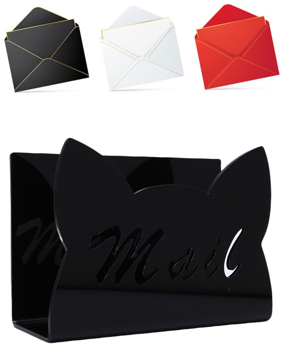 Mail Houder, Clear Acryl File Letter Organizer, Verticale Envelop Mail Houder voor Bureau Aanrecht Brief Factuur Stand voor Thuiskantoor School, 15 x 5,6 x 9,9 cm (zwart)